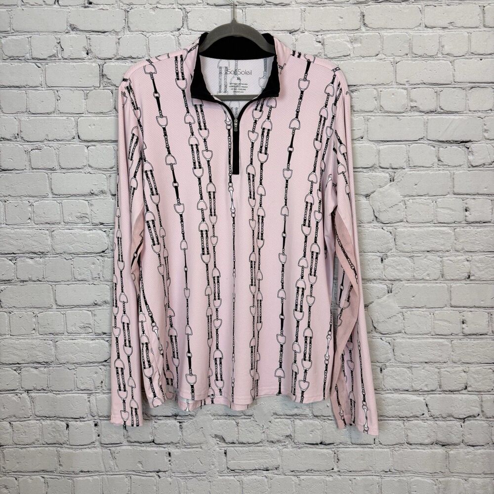 SanSoleil Pink SolTek Lux Print UV Shirt Equestrian Bit Quarter Zip Women XL